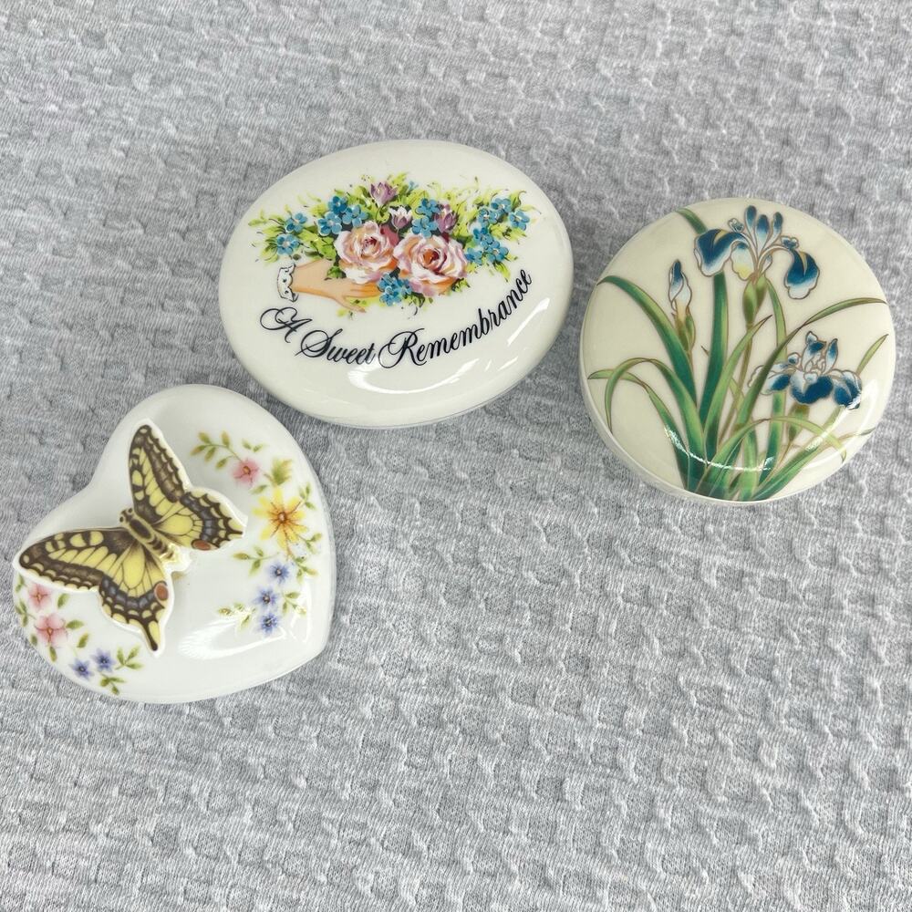 Vintage Porcelain Trinket Boxes Lot 3 Avon Japan Butterfly Iris Floral Heart Set